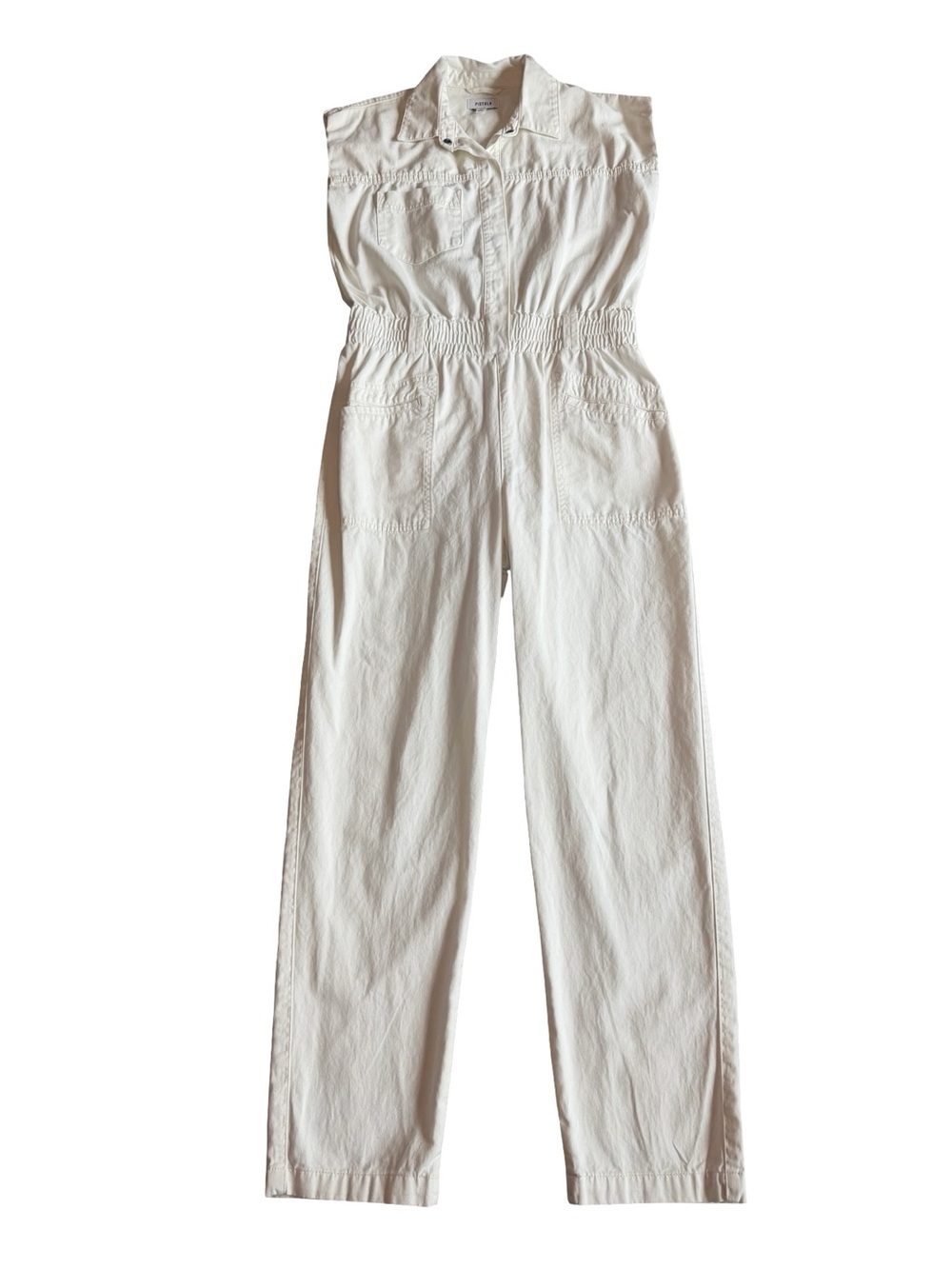 Pistola Rosie White Jumpsuit Cinched Waist Denim Straight Leg Size Medium - Picture 2 of 15